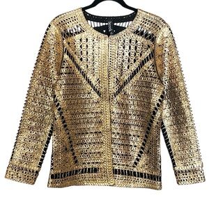 Berek RARE find “foil” crochet cardigan jacket, gold on black, elegant, M